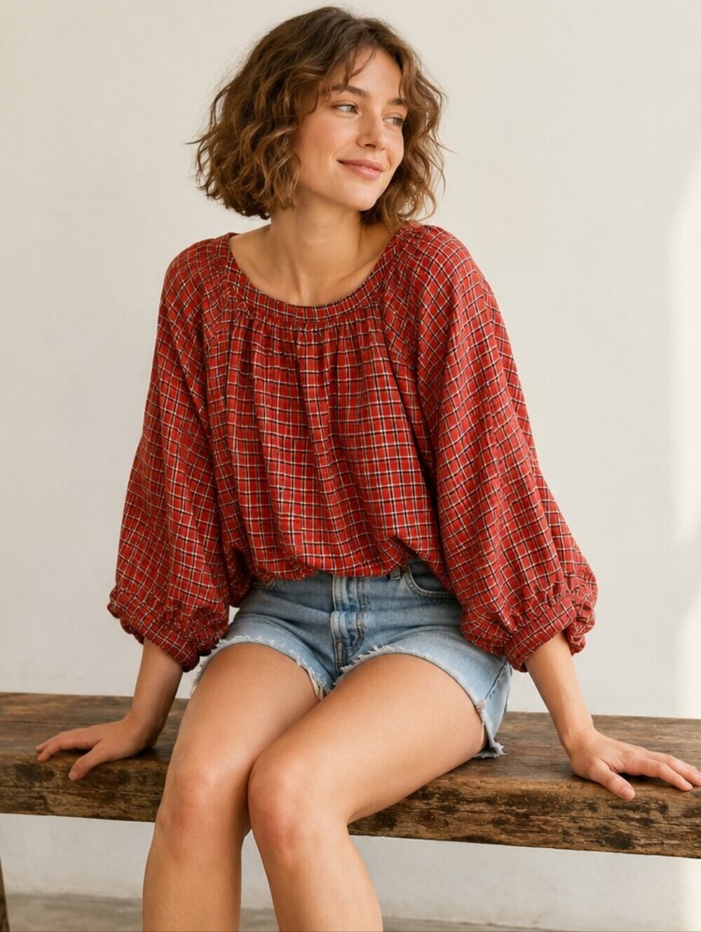 LOFT Red Plaid Blouse Gold Metallic Threads